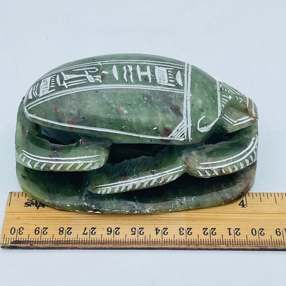 Vintage Olive Green Hand Carved Ancient Egyptian Soapstone Scarab Beetle Unique - Picture 7 of 12